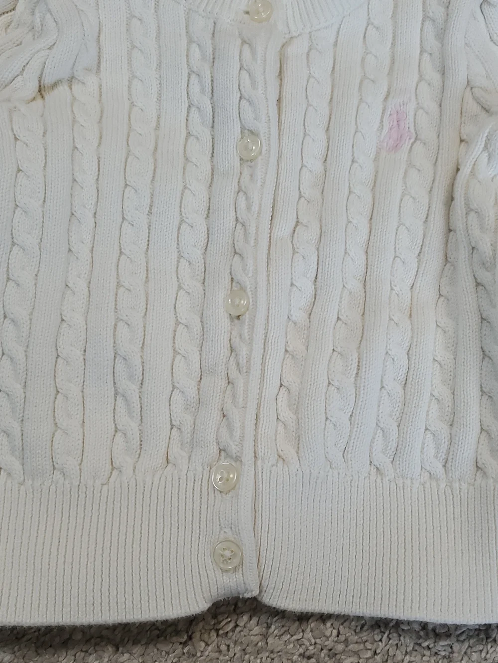Ralph Lauren Cream Cable Knit Button-Up Cardigan with Pink Polo Pony. 6 Months